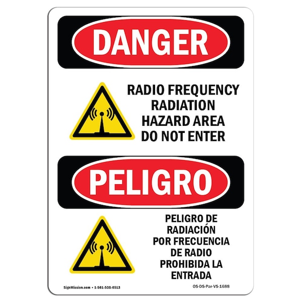 OSHA Sign, Radio Frequency Radiation Hazard Area, 14in X 10in Alum, 10" W, 14" H, Spanish